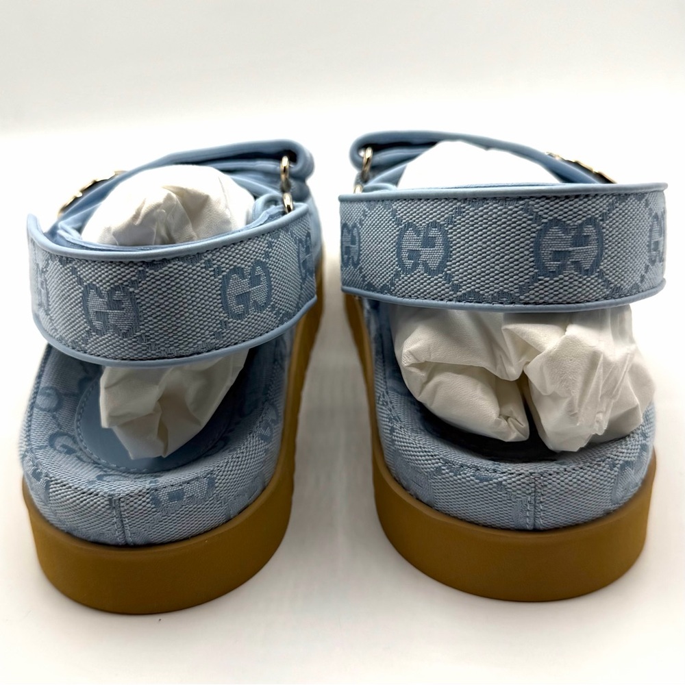 NEW NIB Gucci GG Marmont Logo Blue Canvas Monogram Platform Dad Strap Sandals - Picture 6 of 13